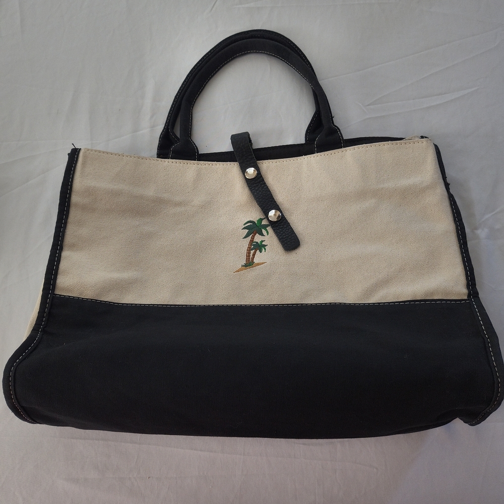 Ambassador Travel Black Cream Tote Bag Palm Tree Embroidery Button Vacation Beac